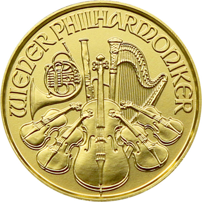 Zadní strana Gold investment coin Wiener Philharmoniker 1/25 Oz