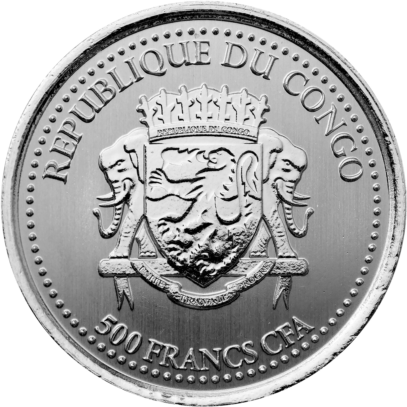 Zadní strana Stříbrná investiční mince Kongo Gorila 1 Oz 2021