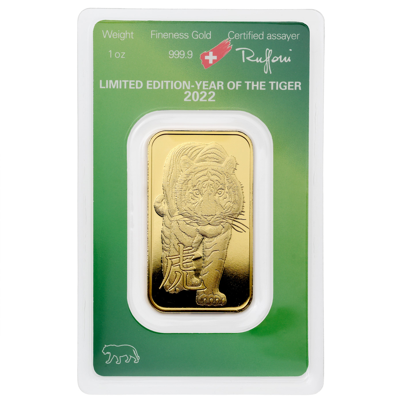 Přední strana 31,1g Argor Heraeus Limited edition - Rok tigra 2022 investičný zlatý tehlička