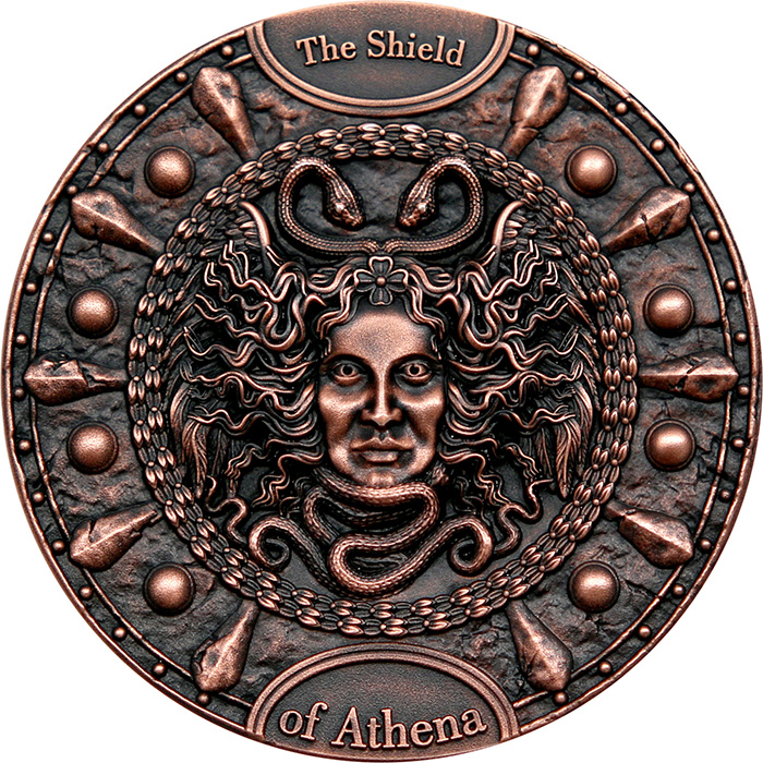 Strieborná pokovená minca The Shield - Štít Atény 2 Oz 2022 Antique Standard