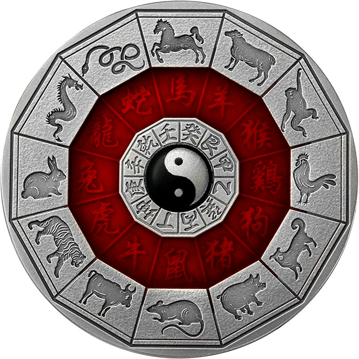 Přední strana Stříbrná mince Kalendář Číňanů 2 Oz 2022 Antique Standard