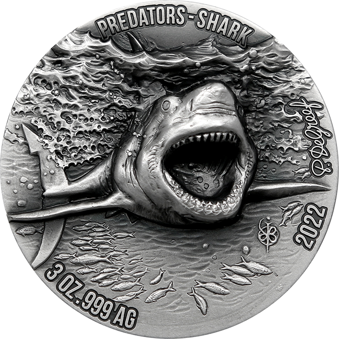 Stříbrná mince 3 Oz Žralok - Predators High Relief 2022 Antique Standard
