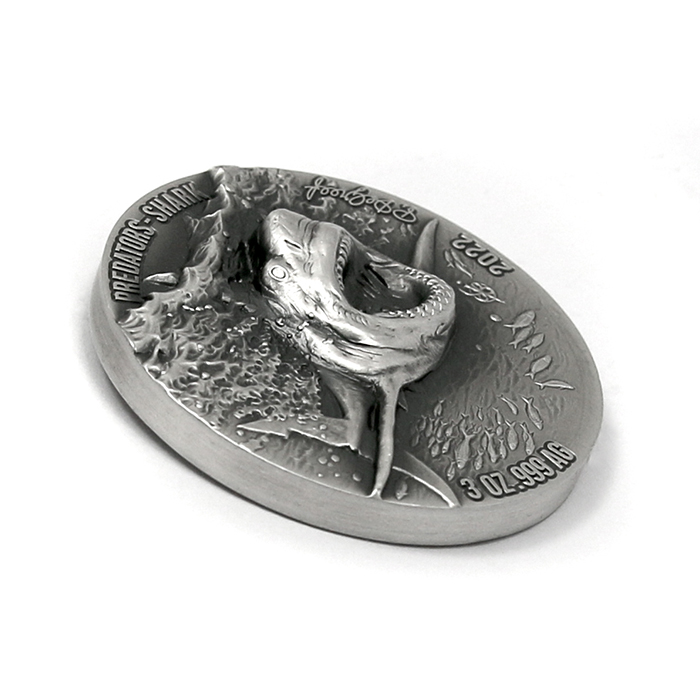 Stříbrná mince 3 Oz Žralok - Predators High Relief 2022 Antique Standard