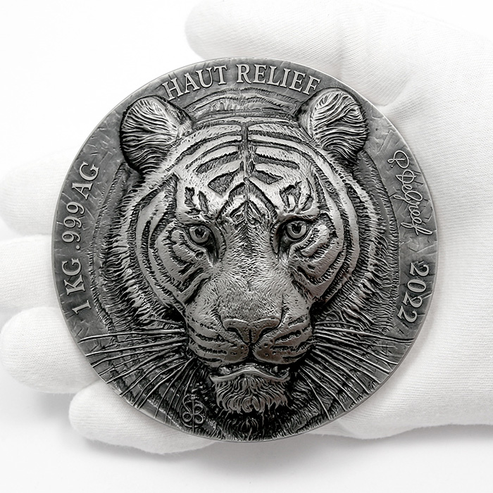 Stříbrná mince 1 Kg Tygr - Big Five Asia High Relief 2022 Antique Standard