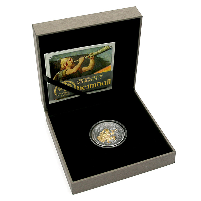 Strieborná pozlátená minca Severskí bohovia - Heimdall 2 Oz High Relief 2022 Antique Standard