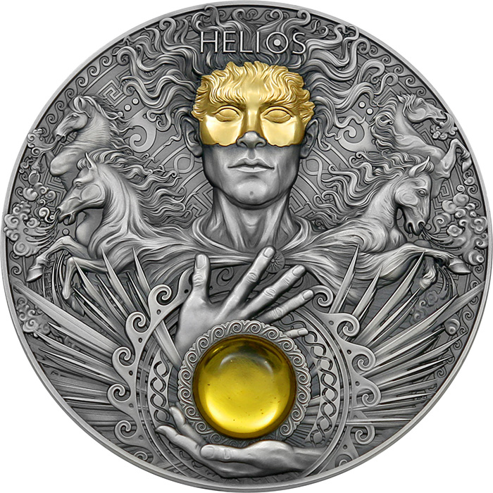 Přední strana Stříbrná pozlacená mince Božské tváře Slunce - Helios 3 Oz 2022 Antique Standard