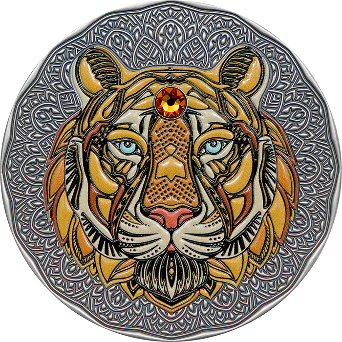 Přední strana Stříbrná mince 2 Oz Mandala - Tygr 2022 Antique Standard