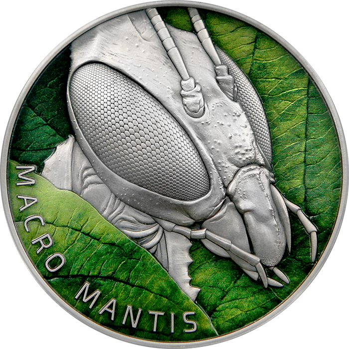 Strieborná minca 2 Oz Makro hmyz - Kudlanka 2022 Antique Standard