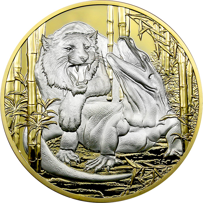 Přední strana Stříbrná pozlacená mince 5 Oz Apex Predators - Varan versus tygr 2022 Proof