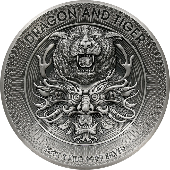 Strieborná minca 2 Kg Drak a Tiger 2022 Antique Standard