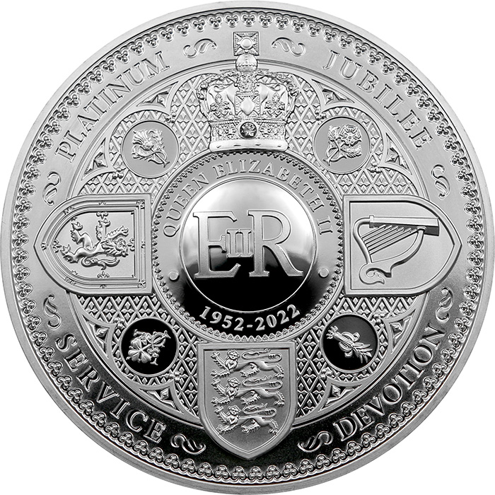 Přední strana Strieborná minca 5 Oz Platinové výročie Alžbety II. 2022 Proof