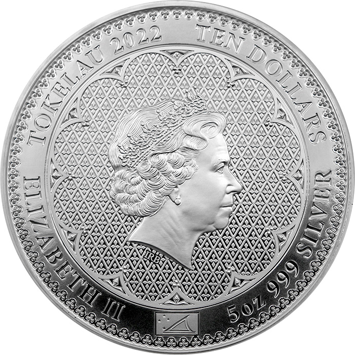 Zadní strana Strieborná minca 5 Oz Platinové výročie Alžbety II. 2022 Proof