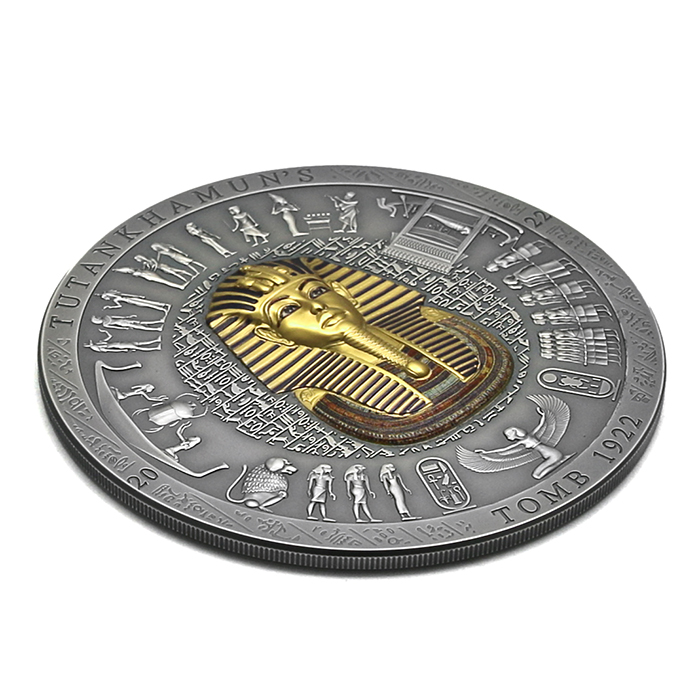 Stříbrná pozlacená mince 3 Oz Tutanchamonova hrobka 2022 Antique Standard