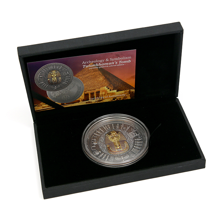 Stříbrná pozlacená mince 3 Oz Tutanchamonova hrobka 2022 Antique Standard