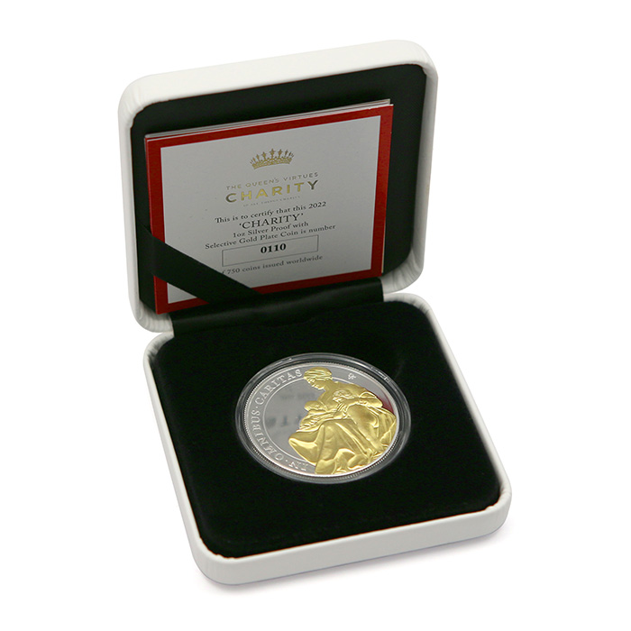 Stříbrná pozlacená mince Ctnosti královny - Dobročinnost 1 Oz 2022 Proof