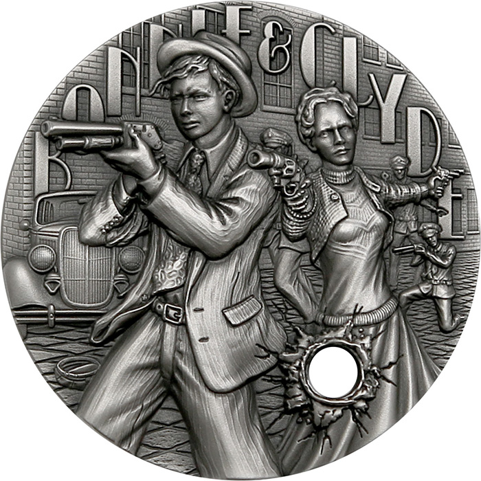 Přední strana Stříbrná mince Gangsters - Bonnie a Clyde 2 Oz 2022 Antique Standard
