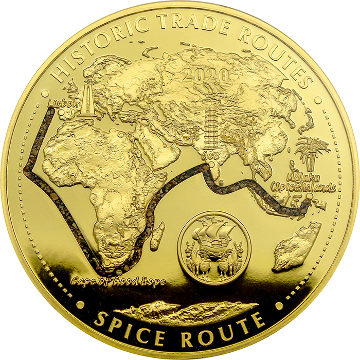Přední strana Zlatá mince 5 Oz Historické obchodní cesty – cesta koření 2020 Proof