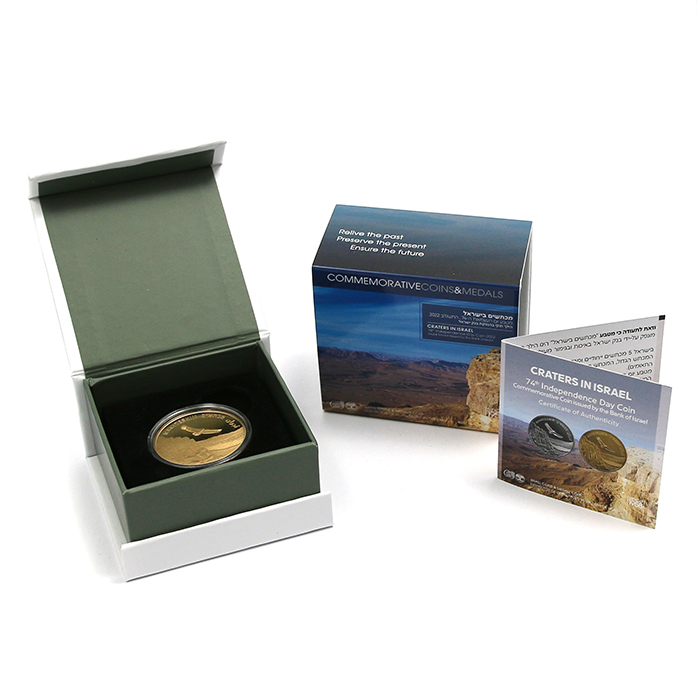 Zlatá minca Krátery v Izraeli - 74. výročie Dňa nezávislosti štátu Izrael 2022 Proof
