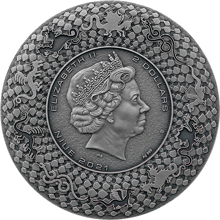 Stříbrná mince 2 Oz Draci - japonský drak 2021 perla Antique Standard