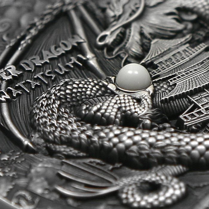 Strieborná minca 2 Oz Draci - japonský drak 2021 perla Antique Standard