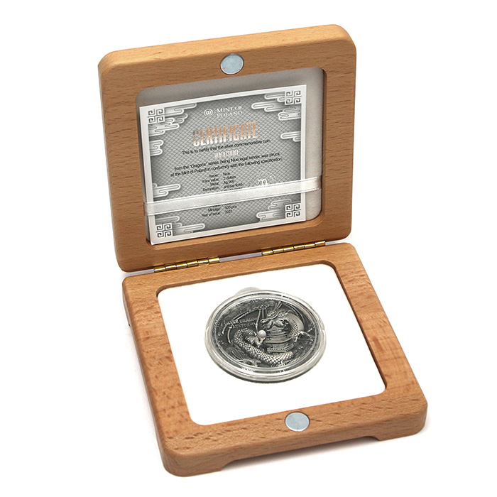 Strieborná minca 2 Oz Draci - japonský drak 2021 perla Antique Standard