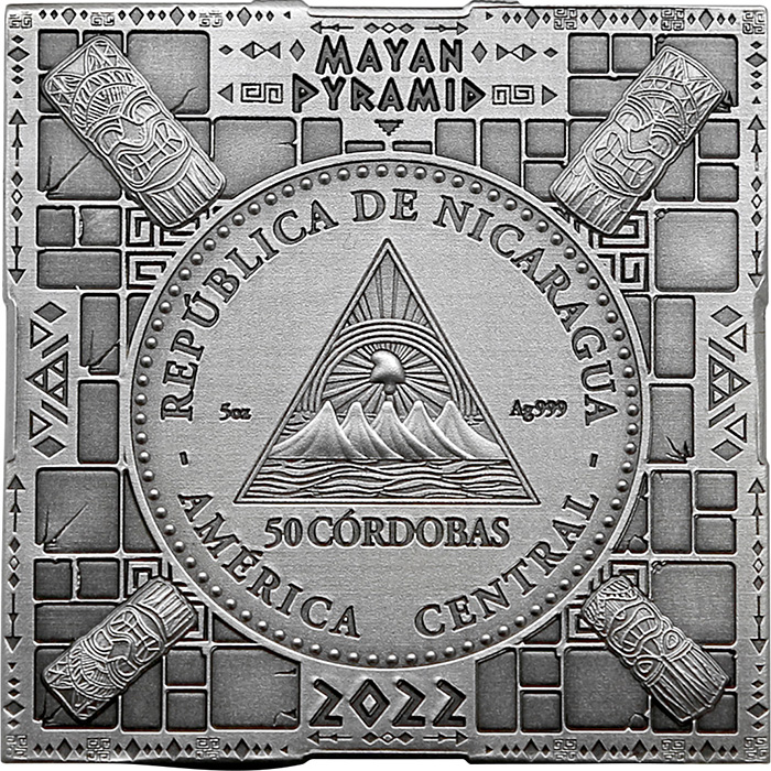 Stříbrná pozlacená mince 5 Oz Mayská pyramida 2022 Antique Standard