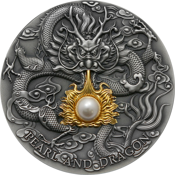 Přední strana Stříbrná mince 2 Oz Perla a Drak 2022 Antique Standard