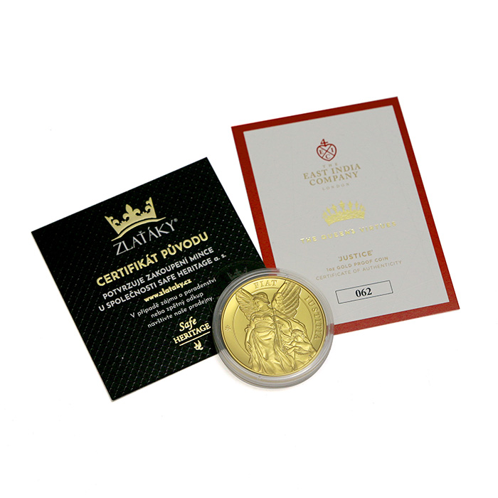 Zlatá minca Cnosti kráľovnej - Spravodlivosť 1 Oz 2022 Proof