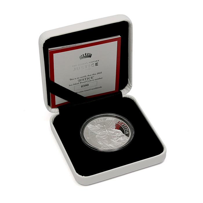 Stříbrná mince Ctnosti královny - Spravedlnost 1 Oz 2022 Proof