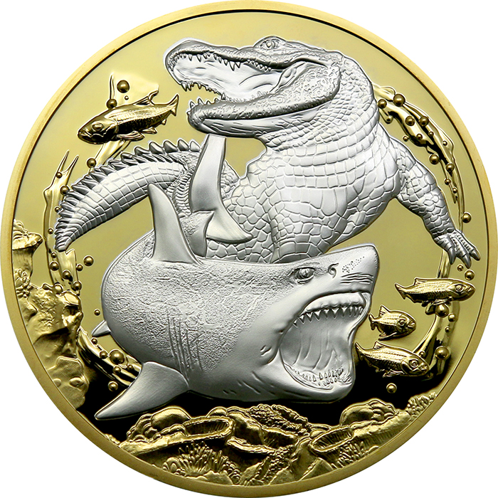Přední strana Strieborná pozlátená minca 5 Oz Apex Predators - Krokodíl verzus žralok 2022 Proof
