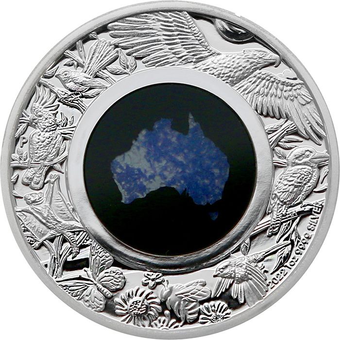 Přední strana Stříbrná mince Great Southern Land Austrálie 1 Oz Lepidolit 2022 Proof