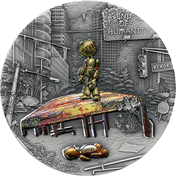Přední strana Stříbrná mince Konec lidstva - Paměť 2 Oz High Relief 2022 Antique Standard