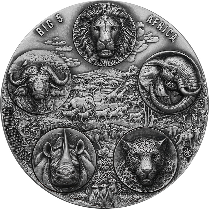 Přední strana Strieborná minca 5 Oz Completer - The African Big Five High Relief 2022 Antique Standard