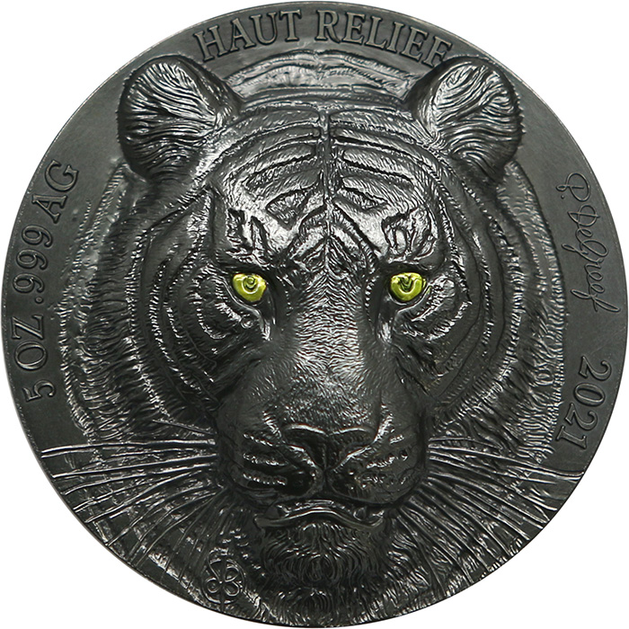 Přední strana Stříbrná mince 5 Oz Tygr - Big Five Asia High Relief 2021 Antique Standard Noire edition