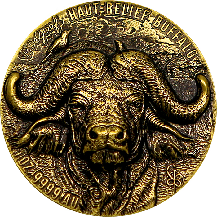 Přední strana Zlatá mince Buvol The African Big Five High Relief 1 Oz 2022 Antique Standard