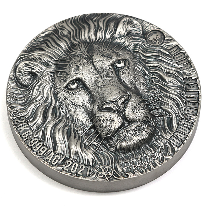 Strieborná minca 2 Kg Lev African Big Five High Relief 2021 Antique Štandard