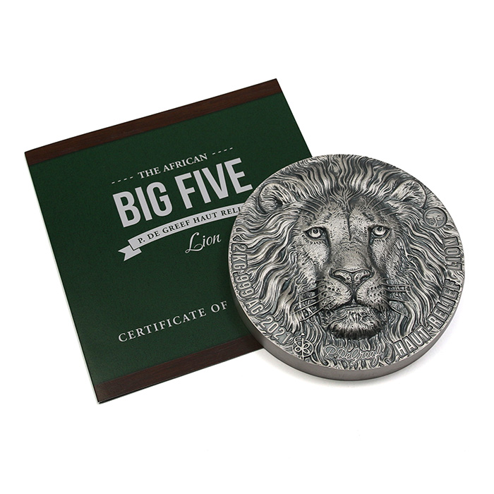 Stříbrná mince 2 Kg Lev The African Big Five High Relief 2021 Antique Standard
