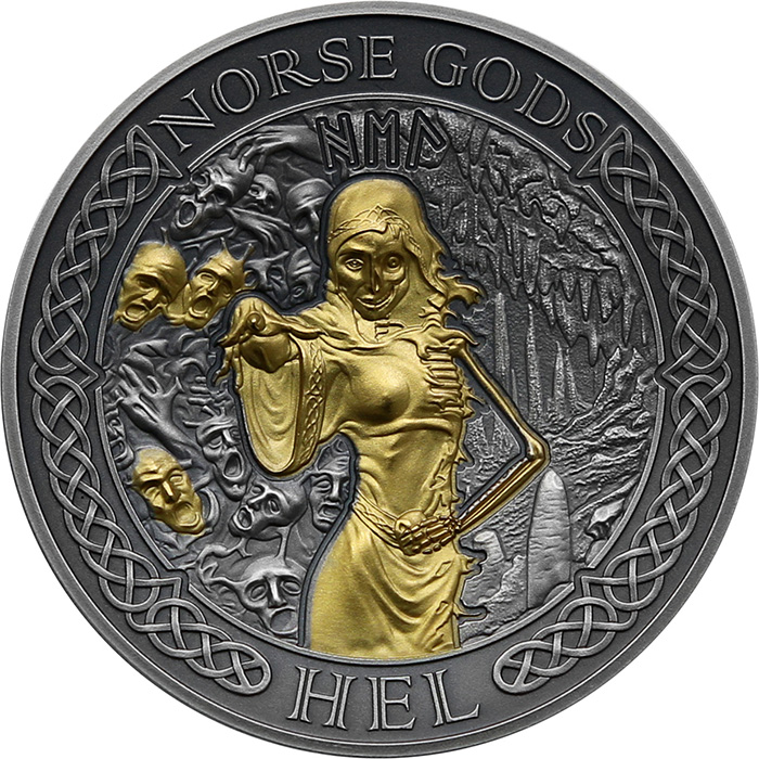 Strieborná pozlátená minca Severskí bohovia - Hel 2 Oz High Relief 2023 Antique Standard
