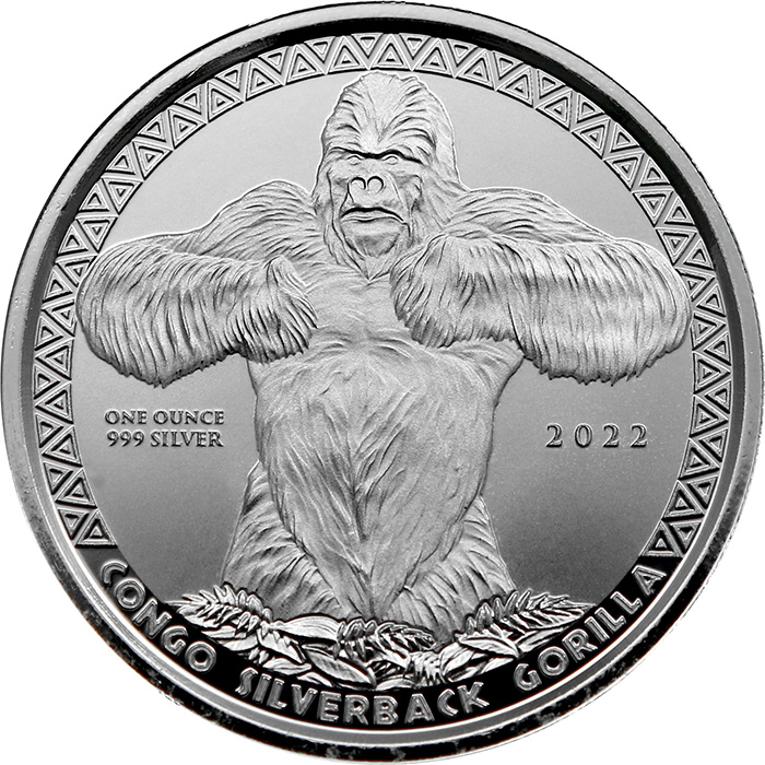 Přední strana Stříbrná investiční mince Kongo Gorila 1 Oz 2022