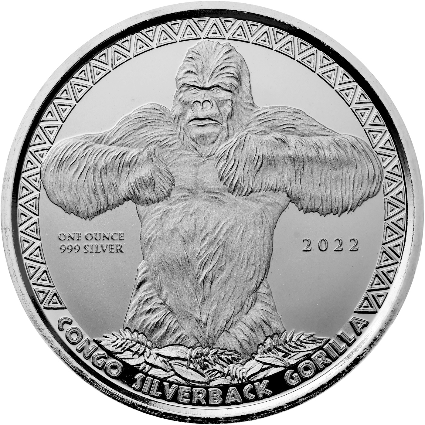 Přední strana Stříbrná investiční mince Kongo Gorila 1 Oz 2022