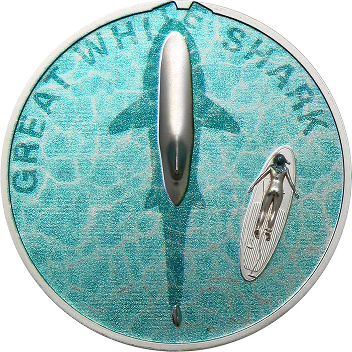 Přední strana Stříbrná mince Split Views - Žralok bílý 1 Oz 2021 Proof