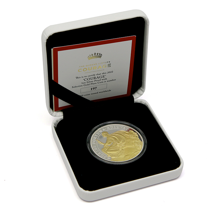 Stříbrná pozlacená mince Ctnosti královny - Odvaha 1 Oz 2022 Proof