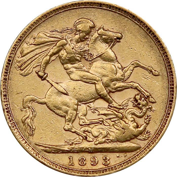 Přední strana Zlatý Sovereign Královna Viktorie 1893