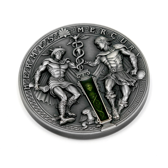Stříbrná mince Starověcí bohové: Hermes a Merkur 2 Oz High Relief 2021 Antique Standard