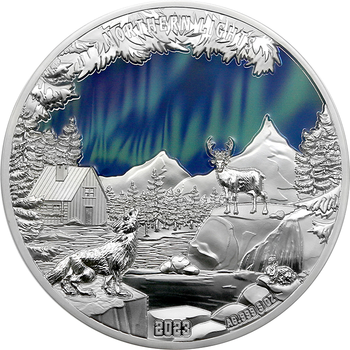 Přední strana Stříbrná mince 5 Oz Colours of Nature - Severní záře 2023