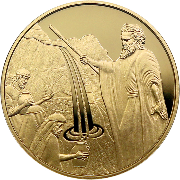 Přední strana Zlatá minca Mojžiš a skala 10 NIS Izrael Biblické umenie 2022 Proof
