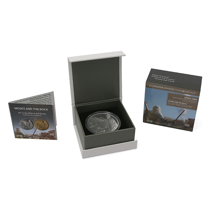 Strieborná minca Mojžiš a skala 2 NIS Izrael Biblické umenie 2022 Proof