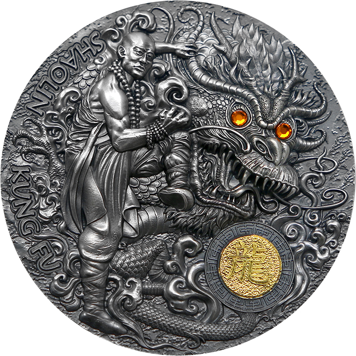 Přední strana Stříbrná mince Shaolin Kung-fu - Drak 2 Oz 2023 Antique Standard