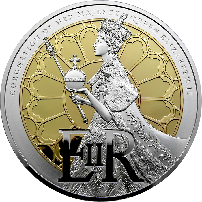 Přední strana Strieborná pozlátená minca 5 Oz 70. výročie korunovácie Kráľovnej Alžbety II. 2023 Proof