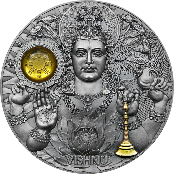 Přední strana Stříbrná pozlacená mince Božské tváře Slunce - Višnu 3 Oz 2023 Antique Standard